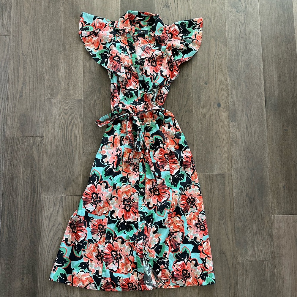 Maeve Flutter-Sleeve Midi Shirt Dress